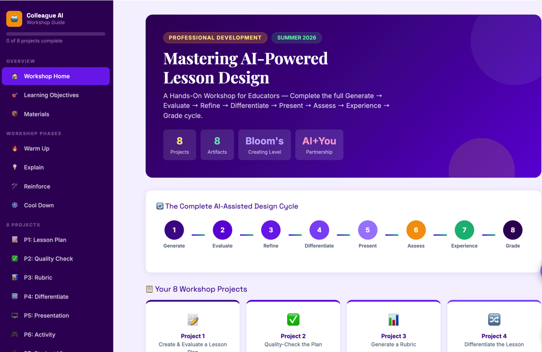 Colleague AI self-paced summer course dashboard, showing 8 workshop projects across the AI-assisted design cycle