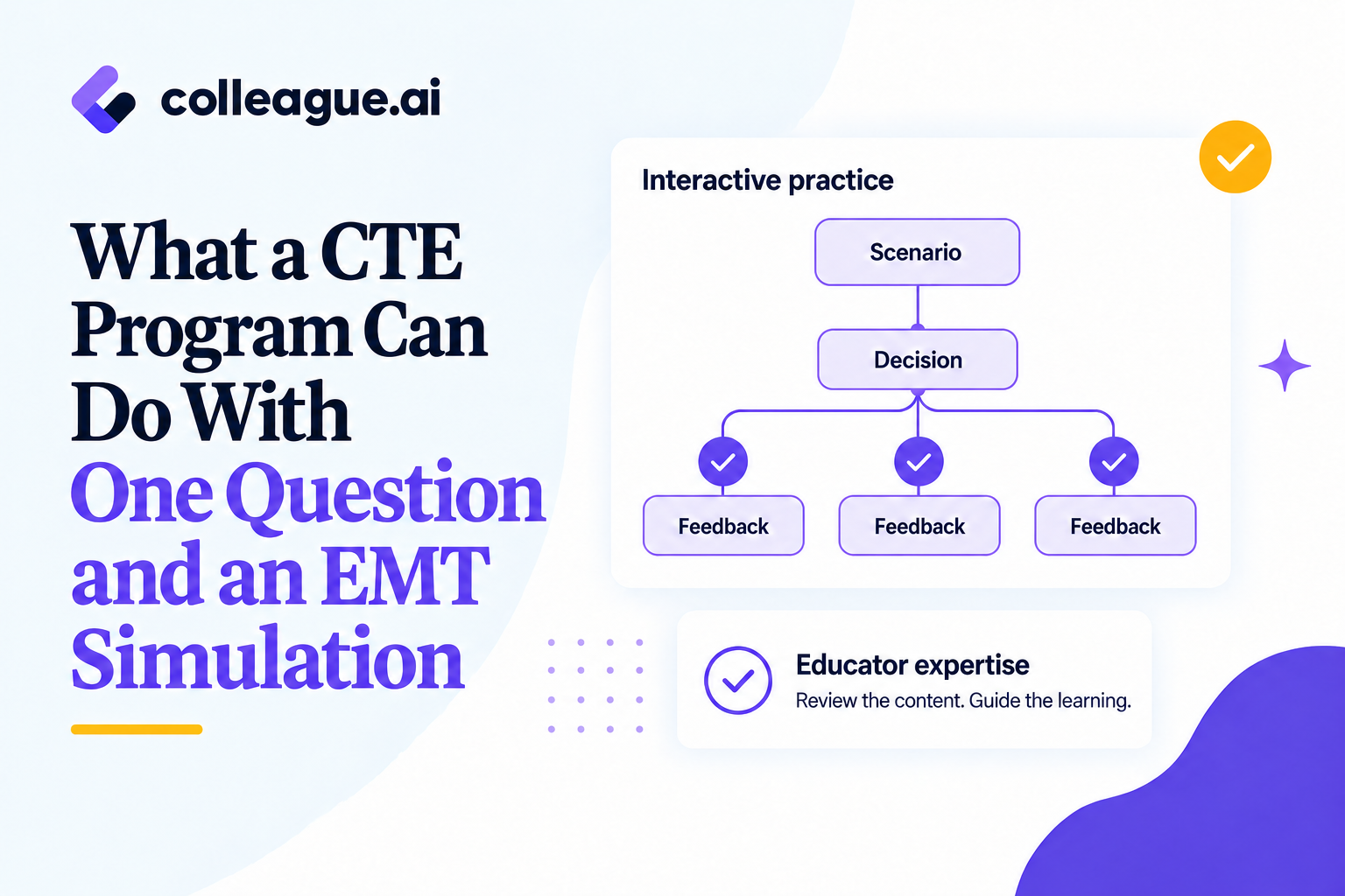 Colleague AI blog cover titled “What a CTE Program Can Do With One Question and an EMT Simulation,” alongside a scenario, decision and feedback diagram and an educator expertise card.